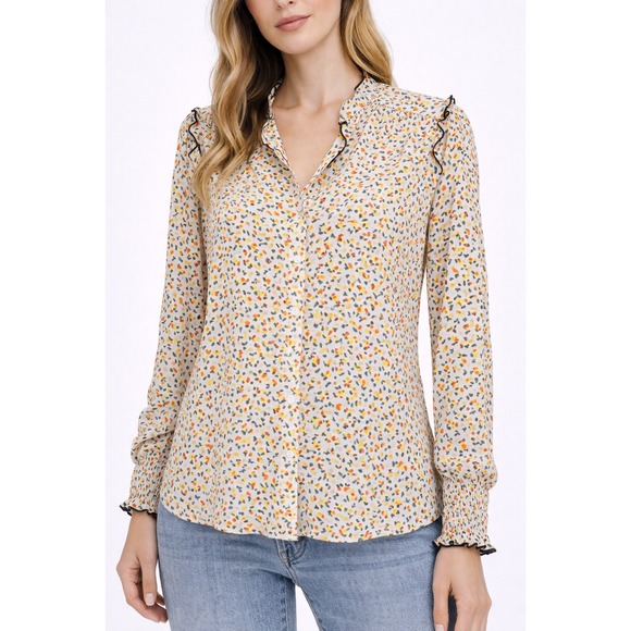 ME+EM 100% Cotton Ditsy Floral Ruffle Long Sleeve Blouse Women Size UK 10 US 6
